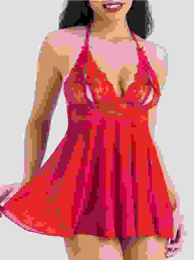 Lovehoney Peek-a-Boo Red Lace Babydoll Set, Red, hi-res
